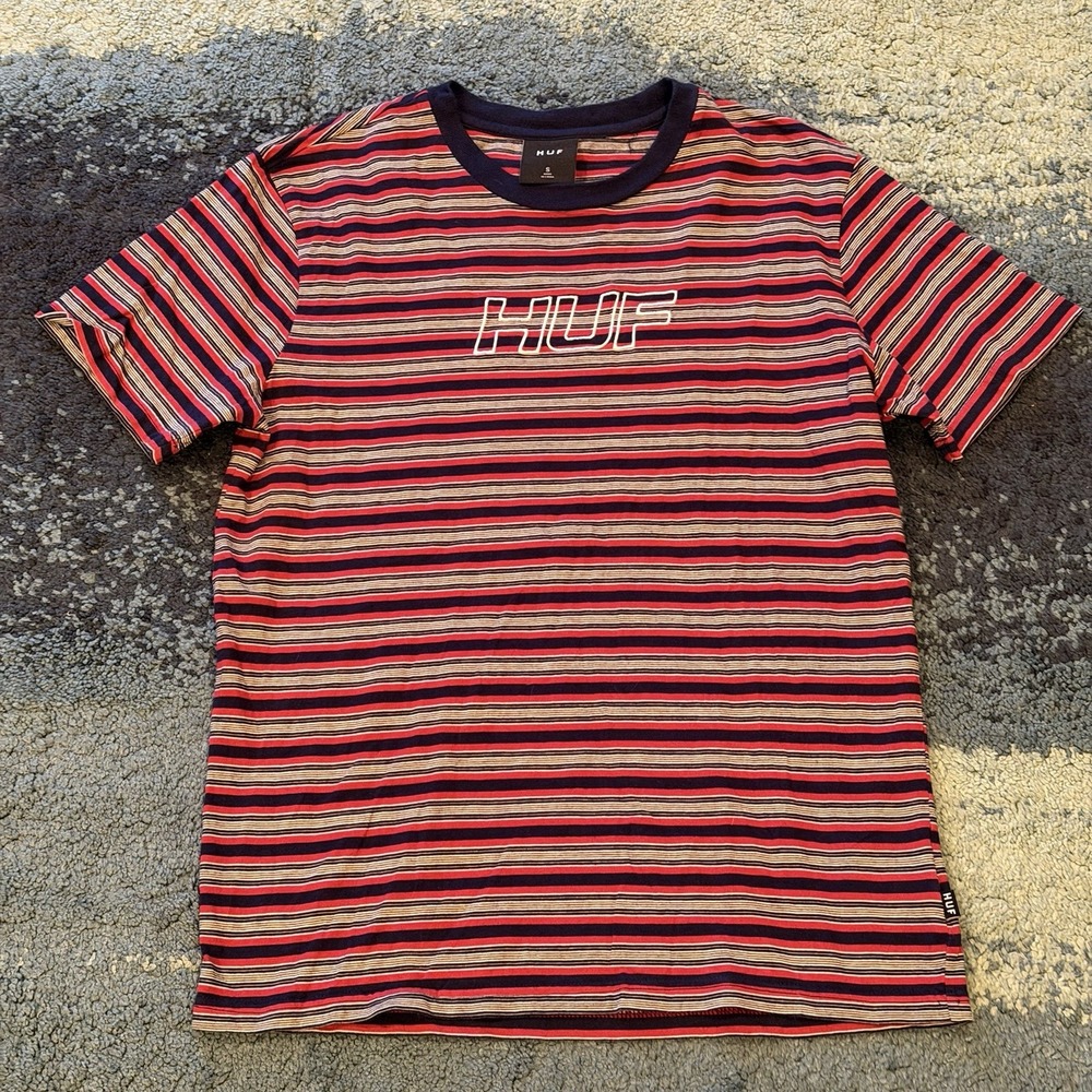 Huf Mens Small Striped Blue Red Cotton T Shirt Skateboard